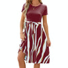 Women Spring Summer Round Neck Splicing Printed Short Sleeve Big Hem Dress, Size: L(Wine Red)