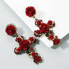 1 Pair Baroque Rose Flower Cross Long Earrings Vintage Earrings(Red)