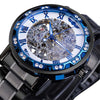 Winner Leisure Skeleton Diamond Luminous Pointer Watch Men Manual Mechanical Watch(Black Belt White Face Blue Word)