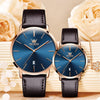 OLEVS 5869 1 Pair Couple Waterproof Genuine Leather Strap Quartz Watch(Blue + Rose Gold)