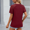 Summer Women Round Neck Flower Lace Patchwork Short Sleeve T-Shirt, Size: S(Wine Red)