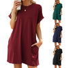 Women Spring Summer Round Neck Pocket Loose Short Sleeve Dress, Size: M(Black)
