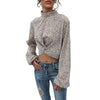 Crop Top Long Sleeve Pullover Turtleneck Leopard Shirt, Size:L(Khaki)