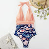 Summer One-piece Backless Lace-Up Ladies Swimsuit Floral-print Halter Bikini, Size: L(Pink+Flower)