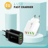 QC-04 QC3.0 + 3 x USB2.0 Multi-ports Charger with 3A USB to 8 Pin Data Cable, EU Plug(Black)