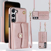 For Samsung Galaxy S24 5G RFID Card Slot Phone Case with Long Lanyard(Rose Gold)