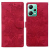For Redmi Note 12 5G Global Lace Floral Embossed Magnetic Buckle PU Phone Case With Wrist Strap(Red)