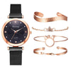 Ladies Magnet Buckle Watch Casual Flower Dial Watch Alloy Mesh Quartz Watch(Black+Bracelet)