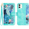 For iPhone 11 Floral Pattern Leather Phone Case with Lanyard(Green)