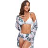 Bikini + Mesh Shawl + Split Swimsuit Women Swimsuit With Chest Pad, Size: L(White Green Flowers)