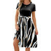 Women Spring Summer Round Neck Splicing Printed Short Sleeve Big Hem Dress, Size: S(Black)