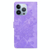 For iPhone 14 Pro Max Lace Floral Embossed Magnetic Buckle Leather Phone Case(Purple)