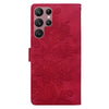For Samsung Galaxy S22 Ultra 5G Lace Floral Embossed Magnetic Buckle PU Phone Case With Wrist Strap(Red)