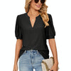 Women Summer Casual V-Neck Hollow Bubble Sleeve Loose T-Shirt, Size: M(Black)