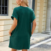Women Spring Summer Round Neck Pocket Loose Short Sleeve Dress, Size: XXL(Dark Green)