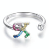 S925 Sterling Silver 26 English Letters Colorful Zircon Women Open Ring, Style:X