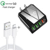 2 in 1 1m USB to 8 Pin Data Cable + 30W QC 3.0 4 USB Interfaces Mobile Phone Tablet PC Universal Quick Charger Travel Charger Set, US Plug(Black)
