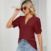 Women Summer Casual V-Neck Hollow Bubble Sleeve Loose T-Shirt, Size: XL(Wine Red)