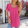 Spring and Summer Square Neck Pleated Short Sleeve Ladies Loose T-Shirt Top, Size: S(Rose Pink)