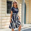 Women Spring Summer Round Neck Splicing Printed Short Sleeve Big Hem Dress, Size: XL(Navy)