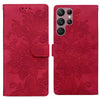 For Samsung Galaxy S22 Ultra 5G Lace Floral Embossed Magnetic Buckle PU Phone Case With Wrist Strap(Red)