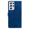 For Samsung Galaxy S21 Ultra 5G Lace Floral Embossed Magnetic Buckle PU Phone Case With Wrist Strap(Blue)