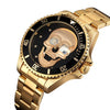 SKMEI 9195 Fashion Water-inlaid Drill Skull Nightlight Waterproof Quartz Watch Steel Strip Watch for Men(Golden Black)