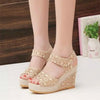 Summer Women Sandals Slope Heel Lace Open Toe Adhesive One Word Buckle Strap Muffin Thick Bottom Shoes, Size: 40(Beige)