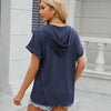 Ladies Summer Hooded Button Loose Short Sleeve T-Shirt Blouse, Size: S(Navy)