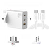 GAN 65W PD45W Dual Type-C / QC3.0 USB  Multi Compatible Charger + 2m USB-C to USB-C Data Cable UK + US Plug White