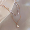 Simple Beaded Double-Layer Pearl Pendant Necklace(Gold)