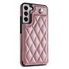 For Samsung Galaxy S21 5G Rhombic Dual Buckle Card Slots Phone Case with Lanyard(Rose Gold)