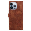 For iPhone 14 Pro Max Lace Floral Embossed Magnetic Buckle Leather Phone Case(Brown)