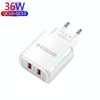 36W Dual Port QC3.0 USB Charger with 3A USB to 8 Pin Data Cable, EU Plug(White)