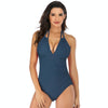 DS40 Ladies Slim and Conservative Halter Neck Swimsuit, Size: L(Dark Blue)