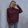 Ladies Loose Off Shoulder Ripped Long-Sleeved Turtleneck Autumn Knitted Sweater, Size:L(Wine Red)