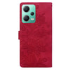 For Redmi Note 12 5G Global Lace Floral Embossed Magnetic Buckle PU Phone Case With Wrist Strap(Red)