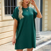 Women Spring Summer Round Neck Pocket Loose Short Sleeve Dress, Size: XXL(Dark Green)