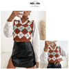 Plaid Sleeveless Ladies V Neck Knit Crop Top Sweater Vest, Size:L(Coffee)