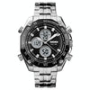 SKMEI 1302 Fashion Men Leisure Wrist Watch Multifunctional Dual-time Sports Digital Watch with Stainless Steel Watchband 30m Waterproof (Silver+Black)