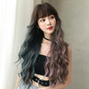 Wig Female Long Hair Full Headgear Big Wave Two-Color Full Bangs Headgear(Dradient Mint Cherry 76CM)