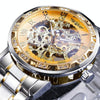 Winner Leisure Skeleton Diamond Luminous Pointer Watch Men Manual Mechanical Watch(Silver Belt Silver Shell Gold Face)