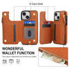 For iPhone 15 Double Flap Zipper RFID Leather Phone Case with Short Lanyard(Brown)