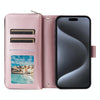 For iPhone 15 Pro Nine-card Slots Zipper Wallet Bag Leather Phone Case(Rose Gold)