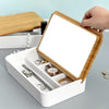 Jewelry Storage Box Bamboo Lid Compartment With Mirror Cosmetic Box(White)